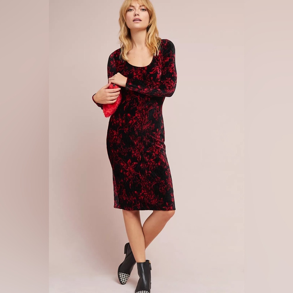 Anthropologie Red and Black Long Sleeve Dress